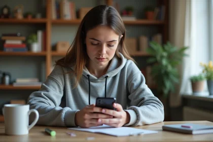 Jeune femme révisant les questions du permis de conduire 2026 sur une application mobile à son bureau à domicile