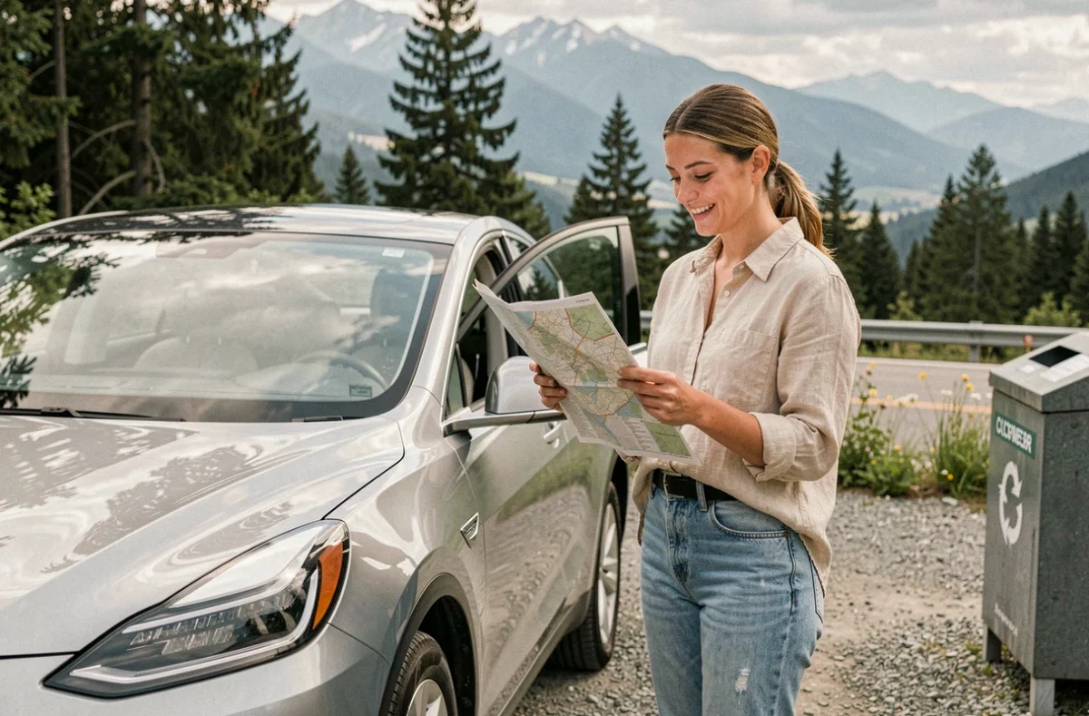 Femme souriante en road trip écologique à côté d'une voiture électrique sur une route de montagne