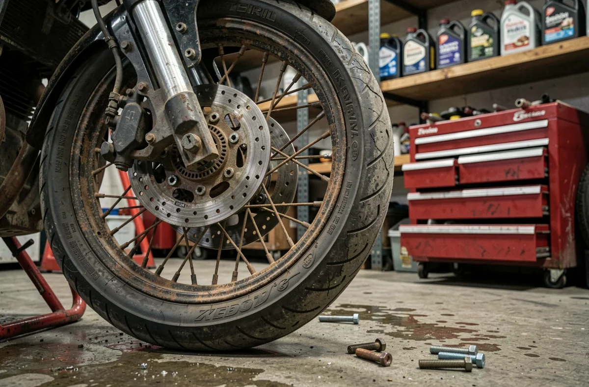 Gros plan sur la roue avant d'une moto à l'arrêt sur un stand d'atelier, pneu dégonflé et jante légèrement rouillée symbolisant une moto non roulante en stockage