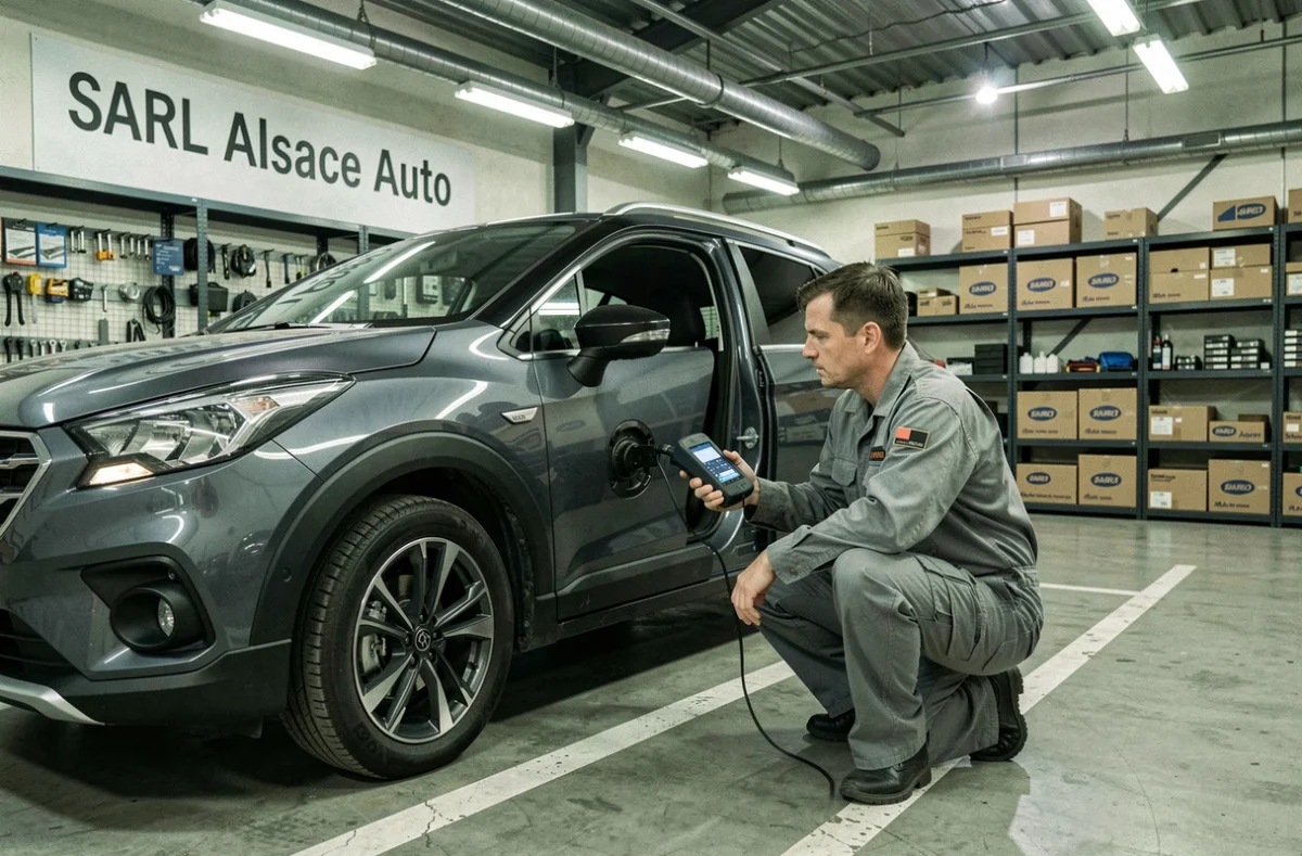Mécanicien de la SARL Alsace Auto utilisant un scanner OBD sur un véhicule dans l'atelier toutes marques près de Nantes