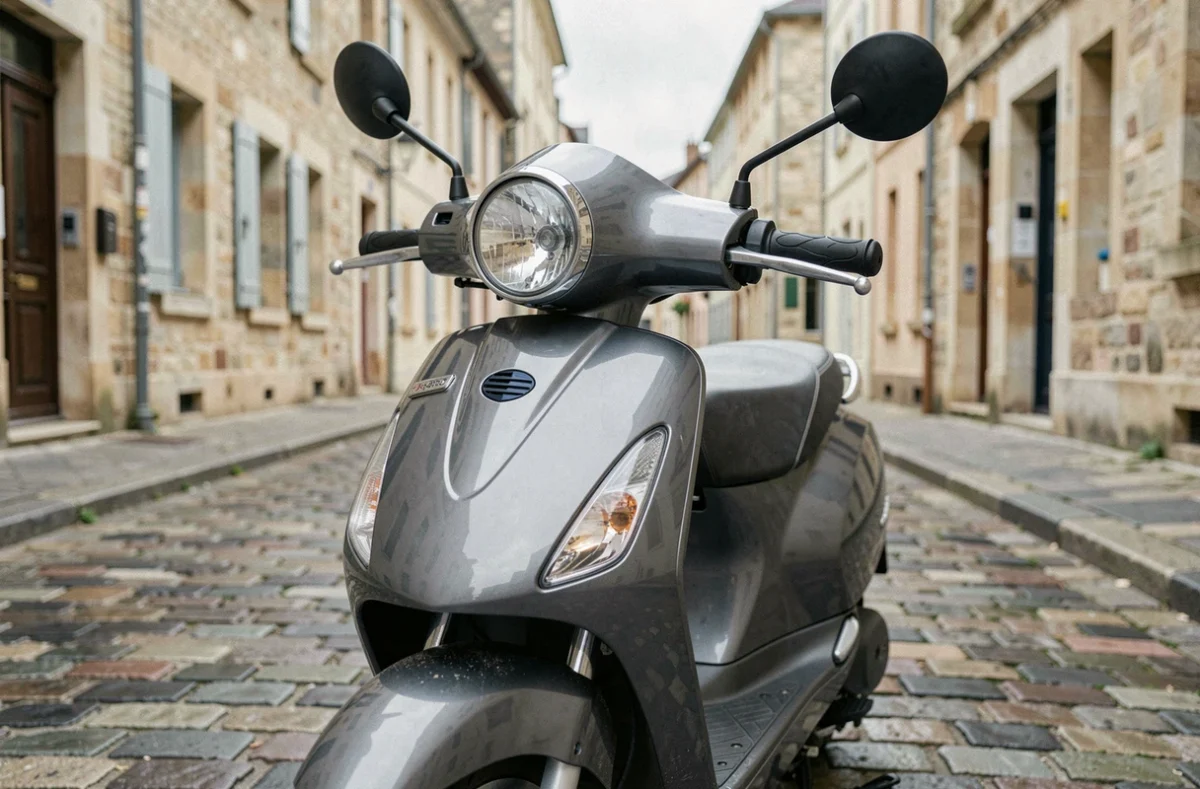 Scooter 50cc garé dans une rue française illustrant l'assurance pour deux-roues à la Poste
