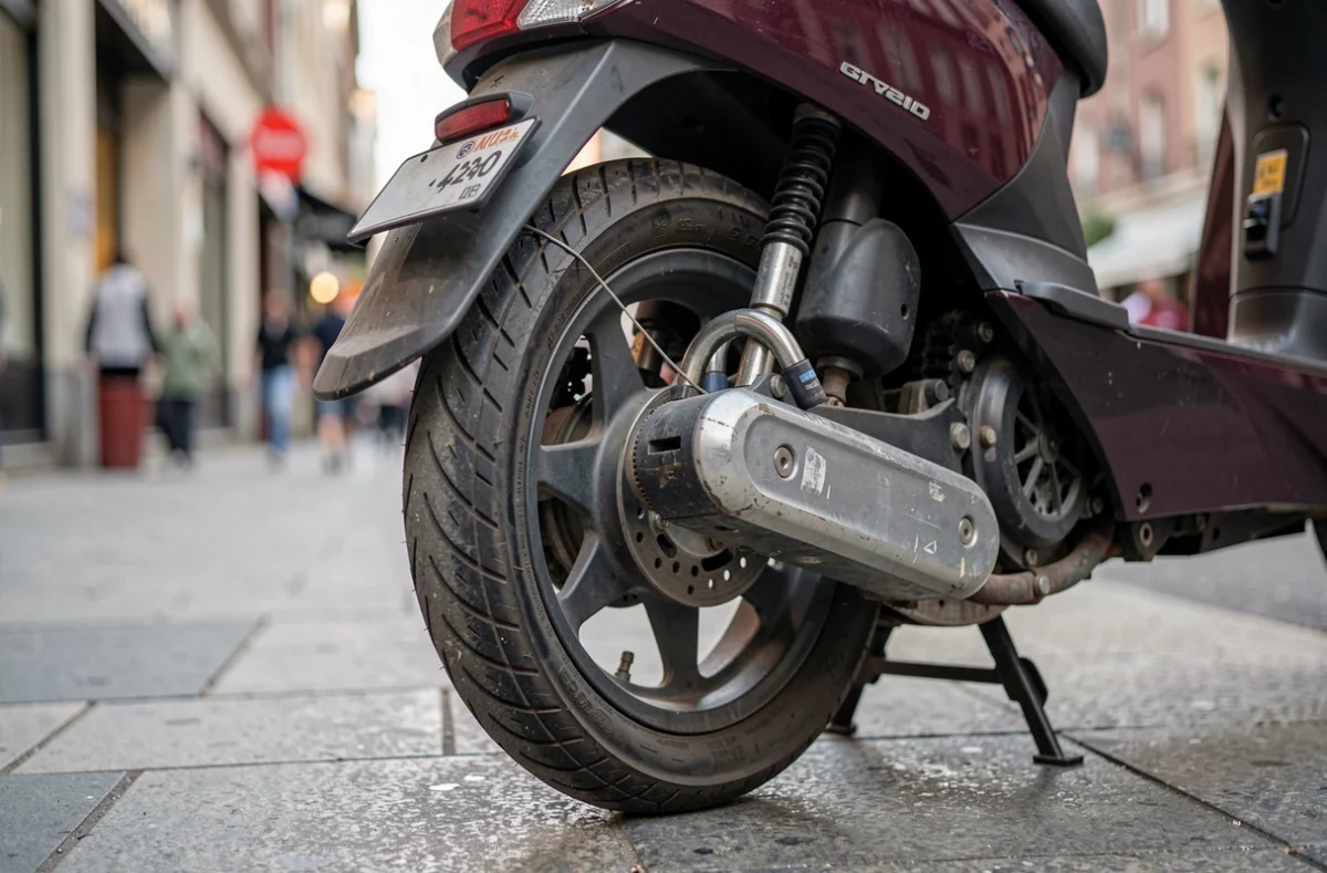 Scooter garé sur un trottoir avec un antivol en U sur la roue arrière