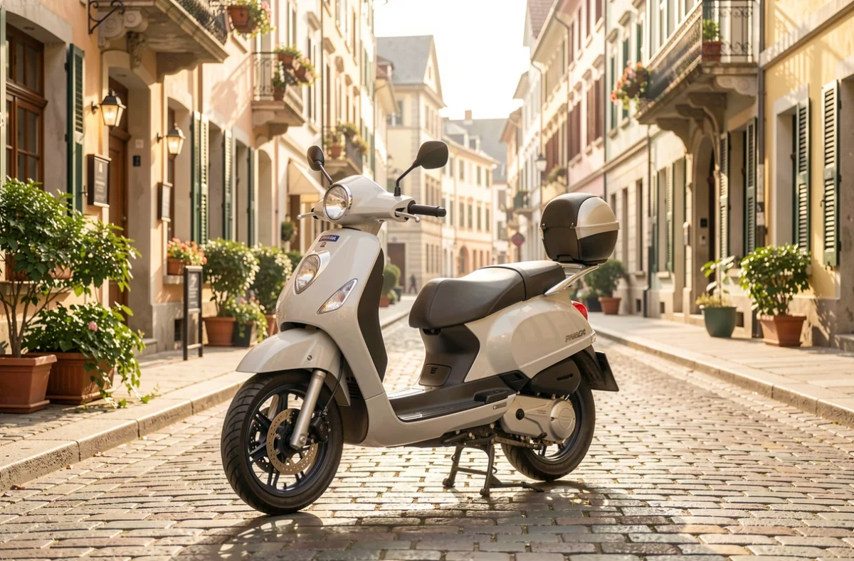 Scooter urbain garé dans une rue ensoleillée