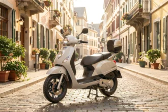 Scooter urbain garé dans une rue ensoleillée