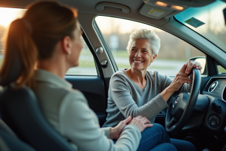 Femme senior souriante dans sa voiture moderne