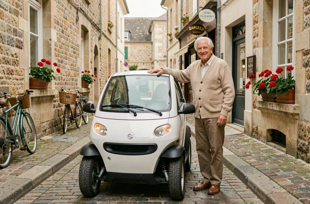 Personne âgée à côté d'une voiture sans permis dans une rue résidentielle française