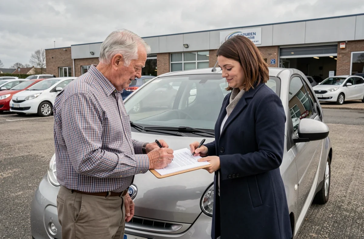 Un vendeur et un acheteur signent un contrat de vente d'une voiture sans permis d'occasion chez un concessionnaire