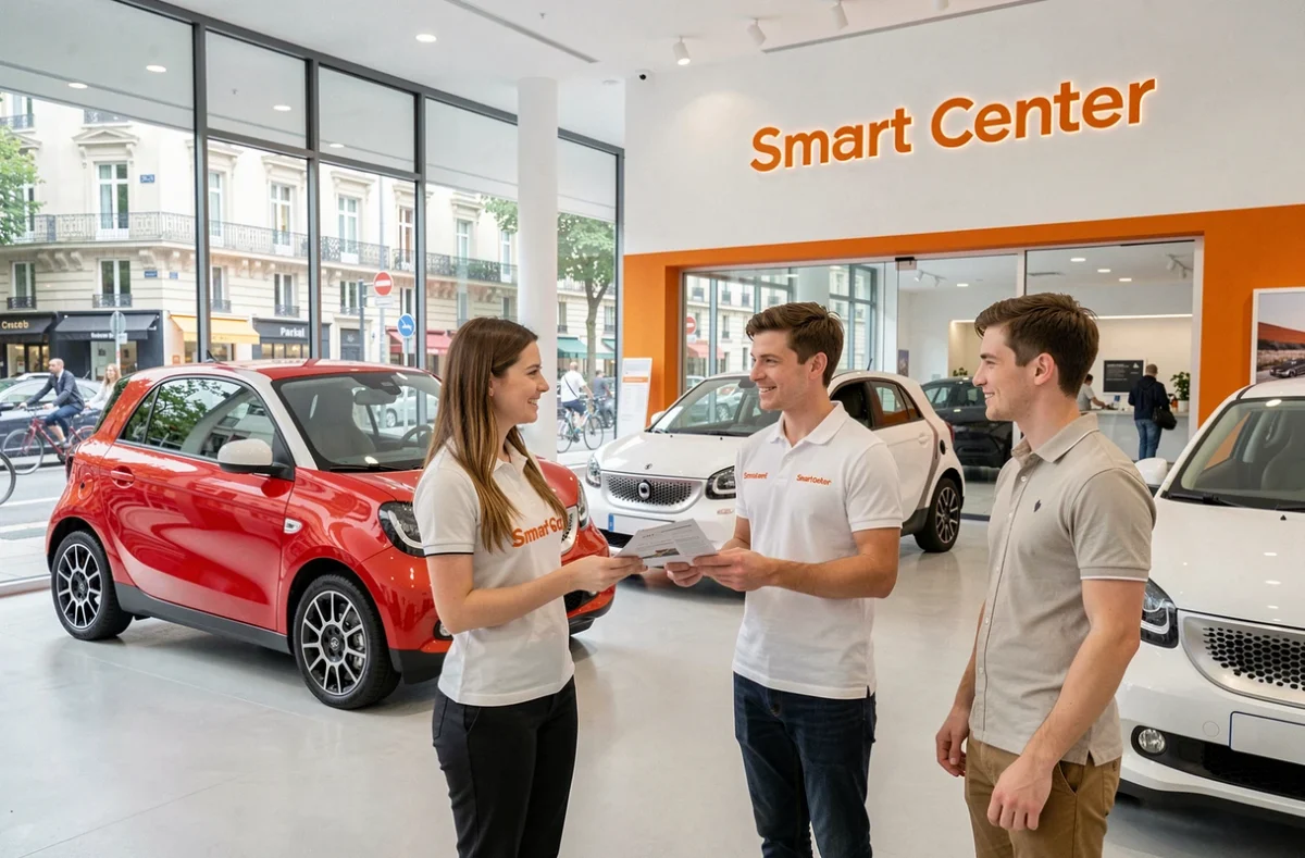 Smart Center Paris avec petites voitures électriques colorées exposées et conseillère aidant un client