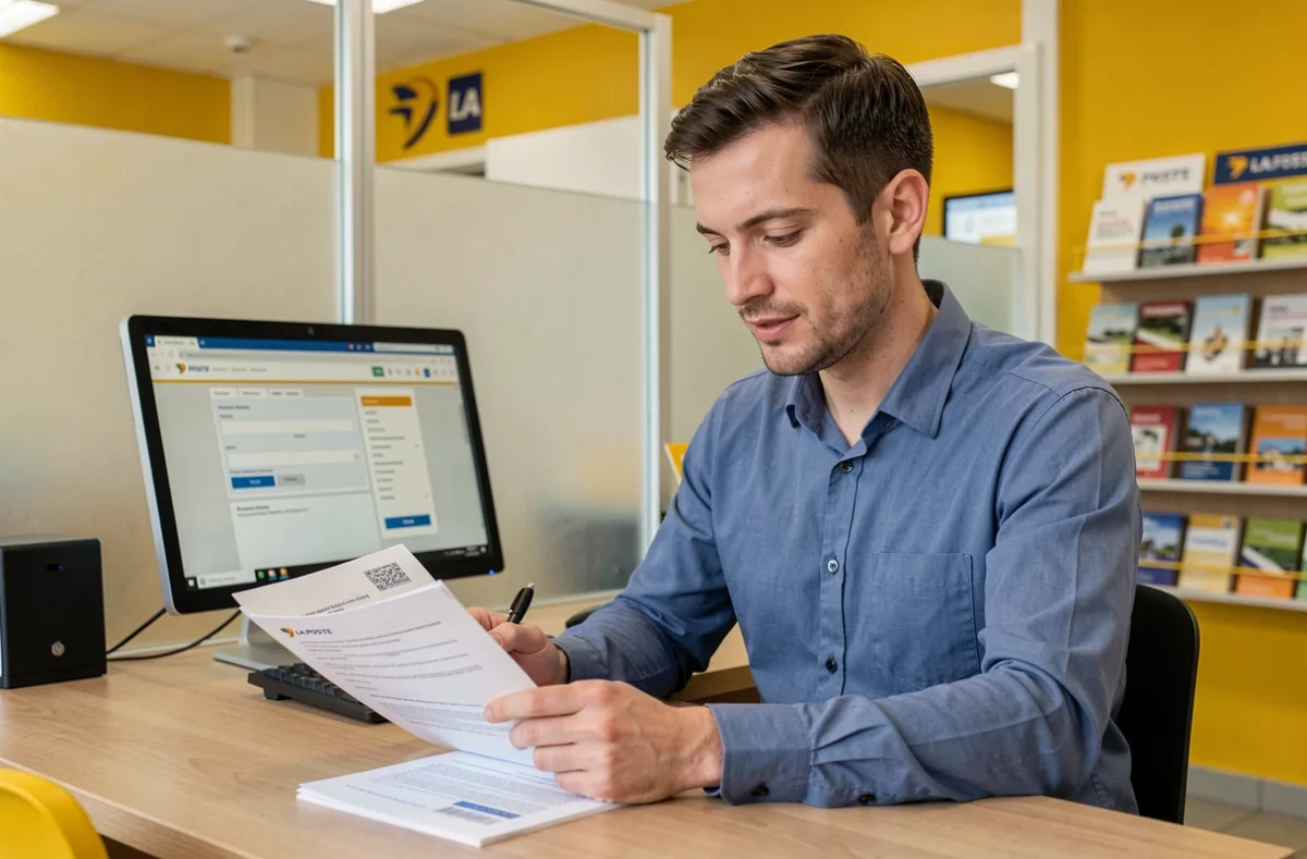 Conseiller La Poste présentant un contrat d'assurance scooter 50cc à un client