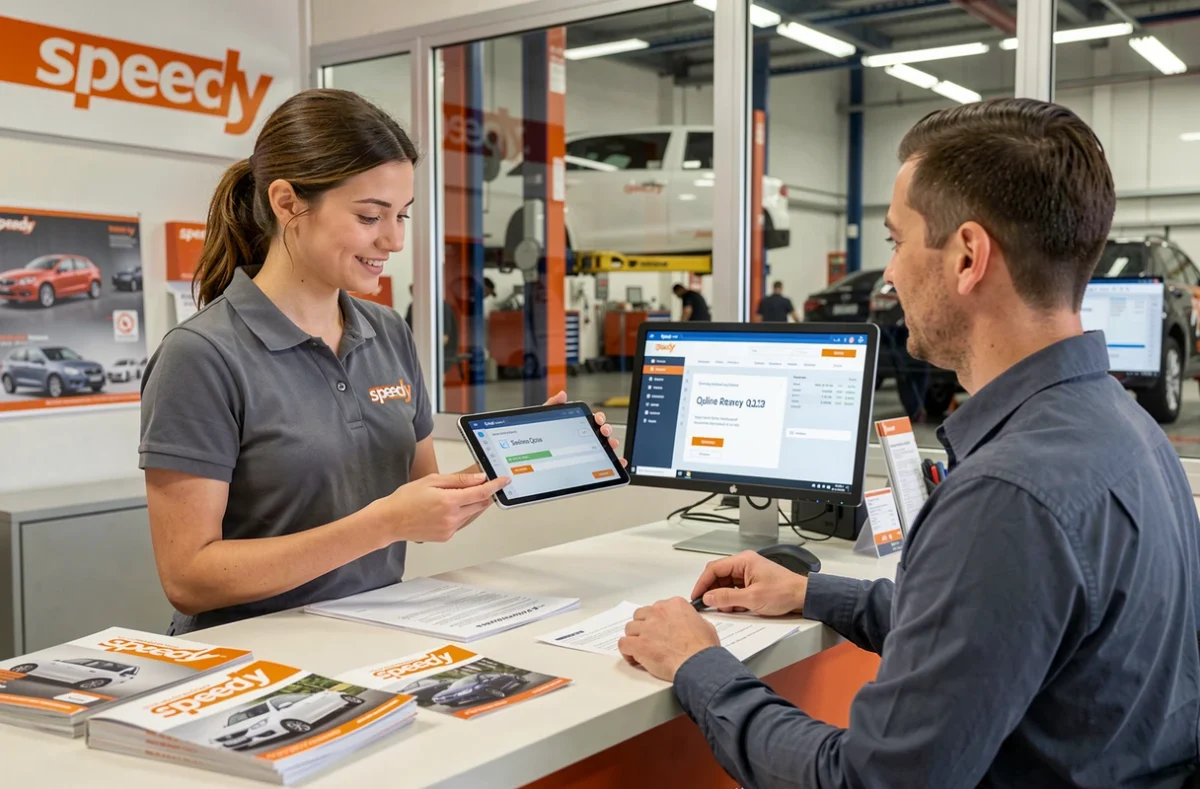 Conseillère Speedy présentant un devis en ligne sur tablette à un client au comptoir du garage Speedy Nantes Bellamy