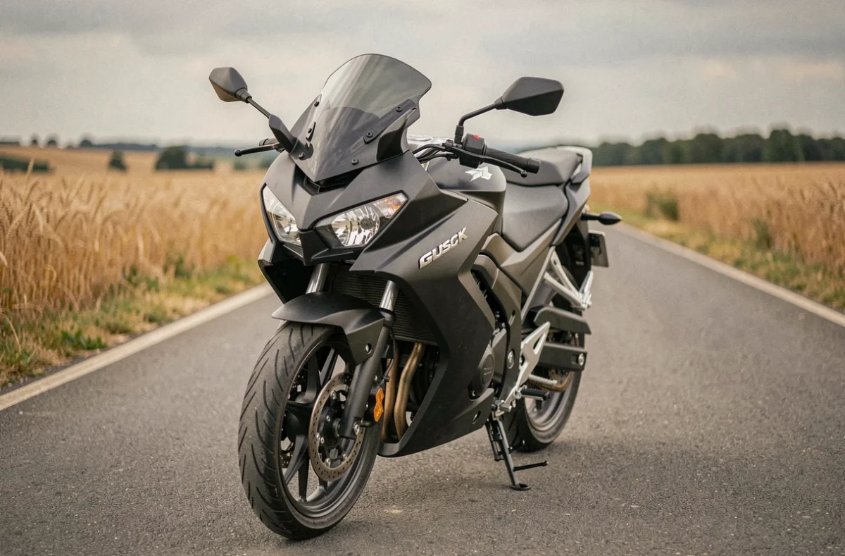 Suzuki GSX-S 125 garée sur une route de campagne vue de trois quarts avant, champs de blé en arrière-plan