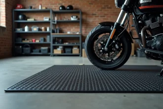 Tapis ignifugé noir posé sous une moto dans un garage privé bien rangé avec établi et équipements muraux