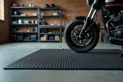 Tapis ignifugé noir posé sous une moto dans un garage privé bien rangé avec établi et équipements muraux