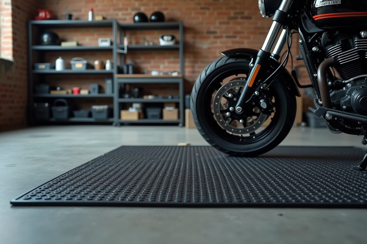 Tapis ignifugé noir posé sous une moto dans un garage privé bien rangé avec établi et équipements muraux
