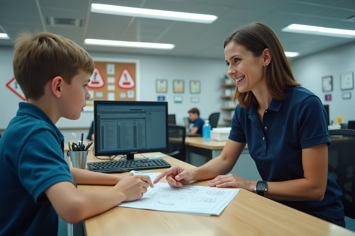 Adolescent consultant les tarifs d'une auto-école avec une conseillère administrative au guichet