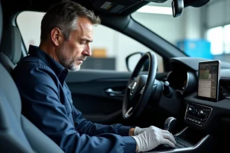 Technicien automobile connectant un ordinateur au port OBDII d'une voiture moderne