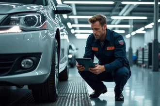 Technicien DEKRA effectuant un contrôle technique sur une voiture dans un centre d'inspection automobile professionnel