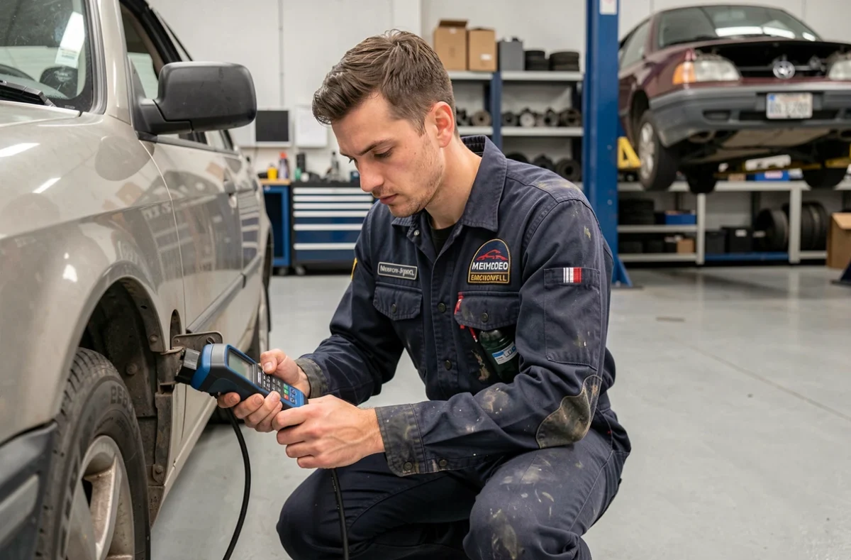 Technicien automobile utilisant un scanner OBD pour diagnostiquer un véhicule d'occasion dans un garage professionnel organisé