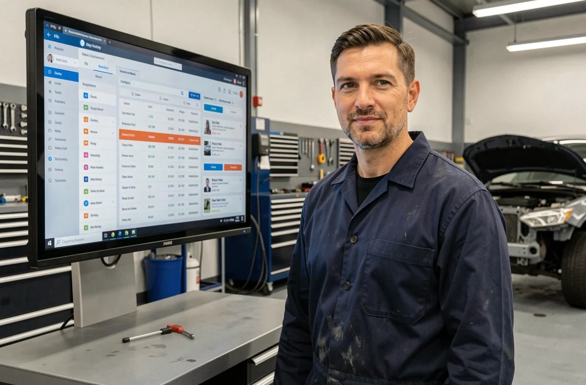 Technicien automobile consultant un logiciel DMS sur écran tactile dans un garage moderne en 2026