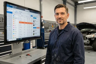 Technicien automobile consultant un logiciel DMS sur écran tactile dans un garage moderne en 2026