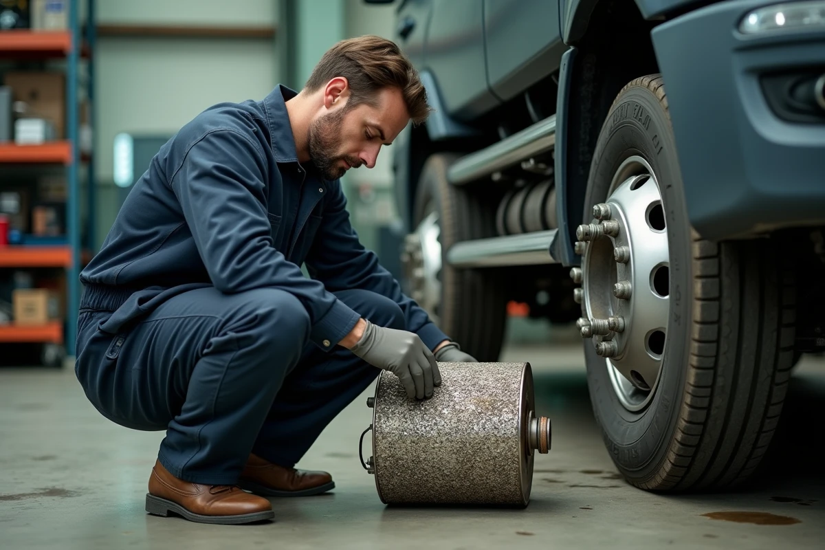 Technicien automobile inspectant un filtre à particules diesel encrassé sous un véhicule surélevé en atelier mécanique