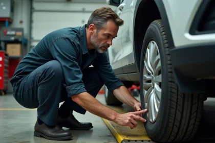 Technicien automobile inspectant l'usure d'un pneu dans un garage professionnel pour évaluer le kilométrage restant