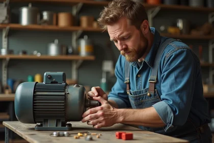 Homme d'âge moyen connectant un condensateur à un moteur électrique