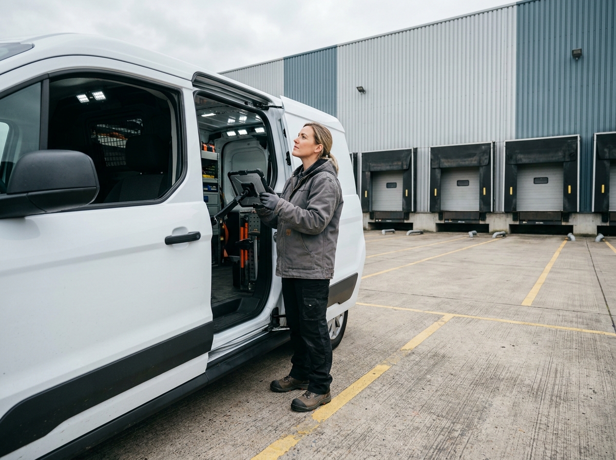 Technicienne inspectant un système d'éclairage LED intégré dans l'aménagement intérieur d'un van utilitaire en parking industriel