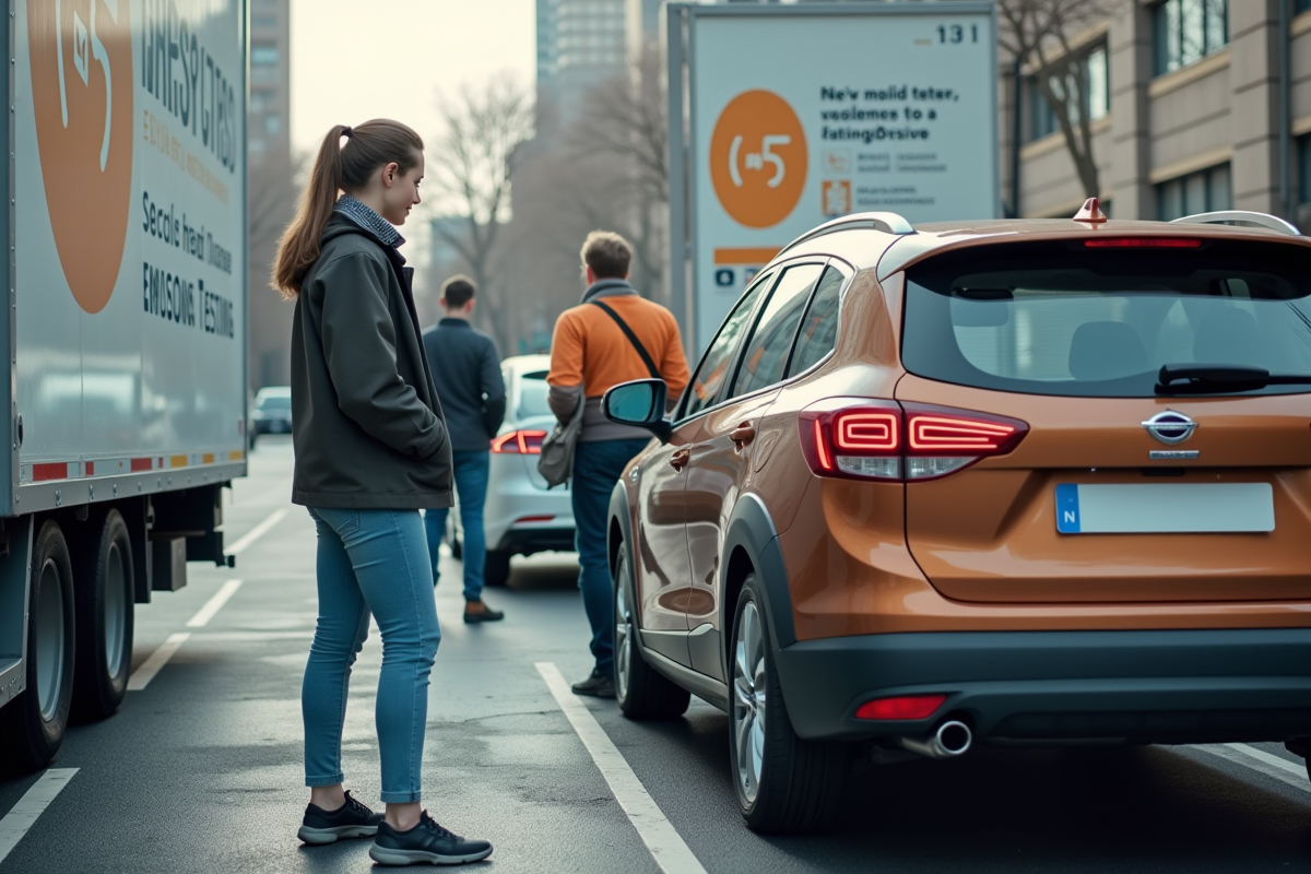 Technicien attachant capteur emissions a une voiture en ville