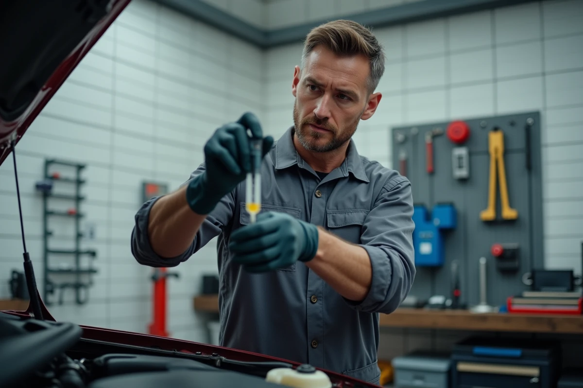 Technicien automobile testant la qualité du liquide de frein avec une bandelette de test lors d'une révision