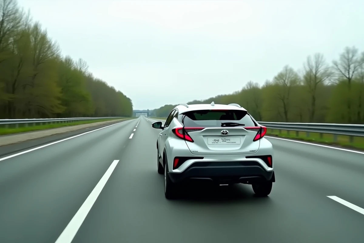 Toyota C-HR 2026 en mouvement sur autoroute française avec flou de mouvement naturel