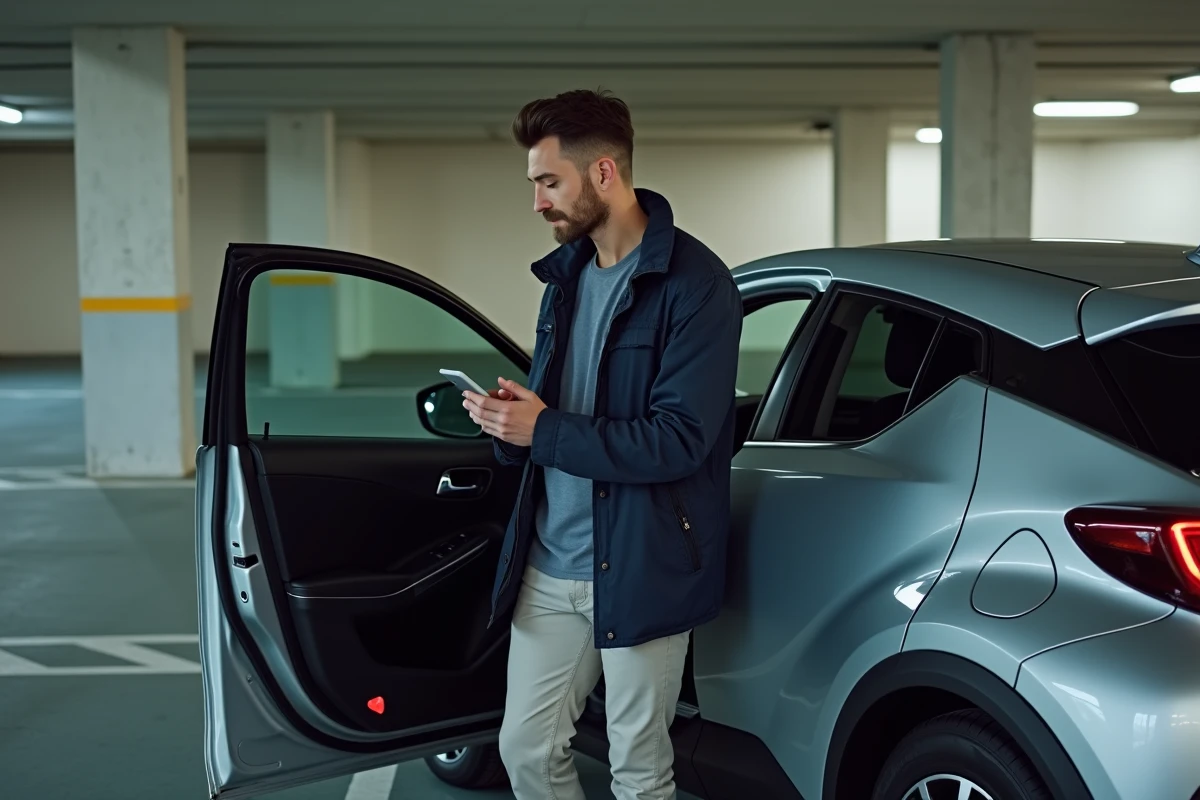 Homme consultant son téléphone à côté d'une Toyota C-HR 2026 dans un parking urbain moderne
