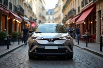 Toyota C-HR 2026 garée dans une rue pavée urbaine avec architecture haussmannienne en arrière-plan