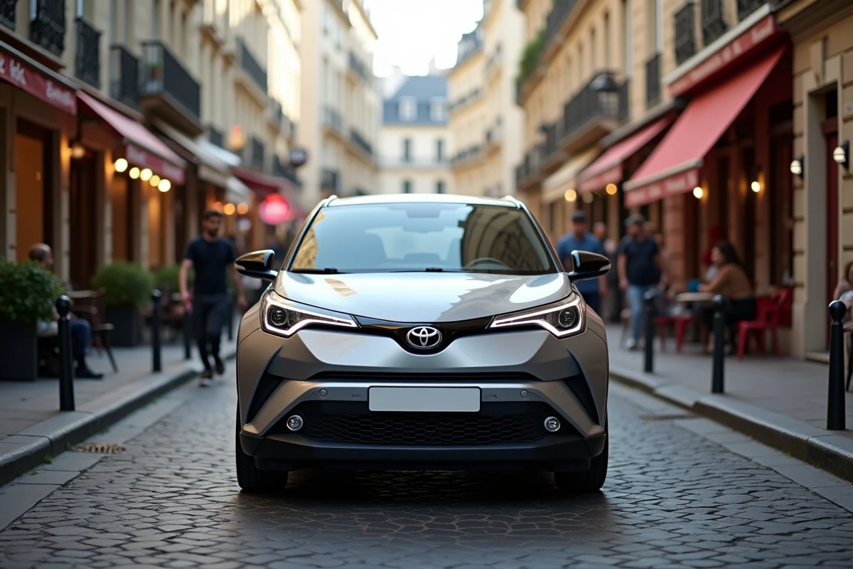 Toyota C-HR 2026 garée dans une rue pavée urbaine avec architecture haussmannienne en arrière-plan