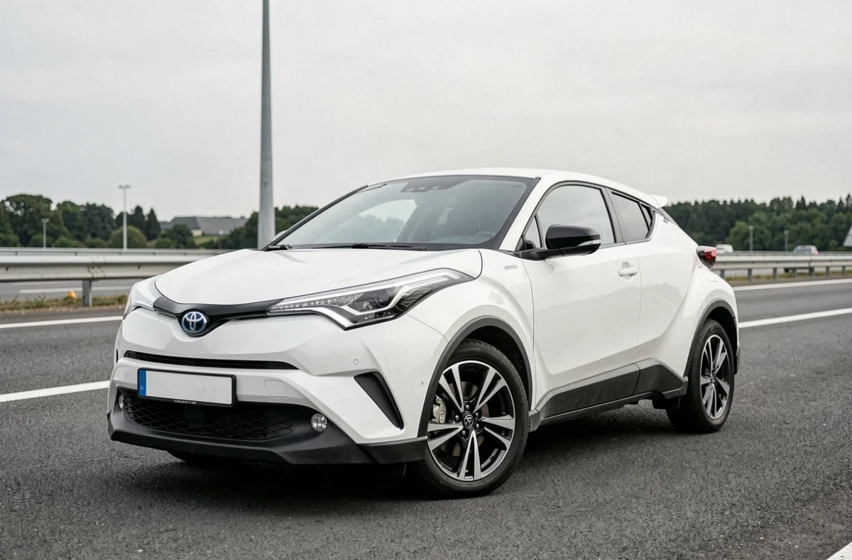 Toyota C-HR blanc garé sur une aire d'autoroute française vue en angle 3/4 avant