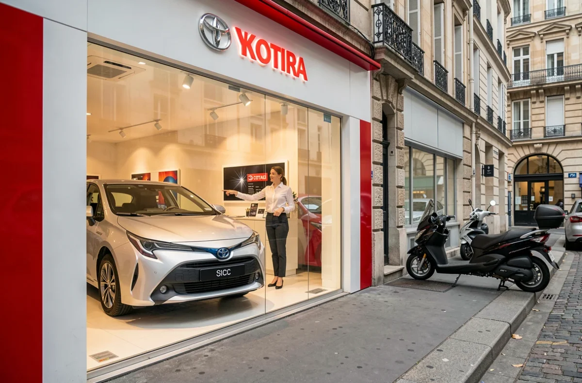 Concession Toyota Paris 5 avec une conseillère devant un véhicule hybride dans un showroom lumineux
