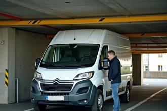 Conducteur inspectant la hauteur d'un van utilitaire L2H2 dans un parking souterrain avec poutre basse indiquant une hauteur limitée