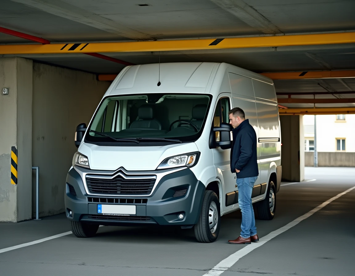 Conducteur inspectant la hauteur d'un van utilitaire L2H2 dans un parking souterrain avec poutre basse indiquant une hauteur limitée