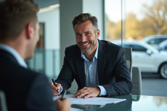 Vendeur automobile souriant remettant un stylo à un client dans un concessionnaire