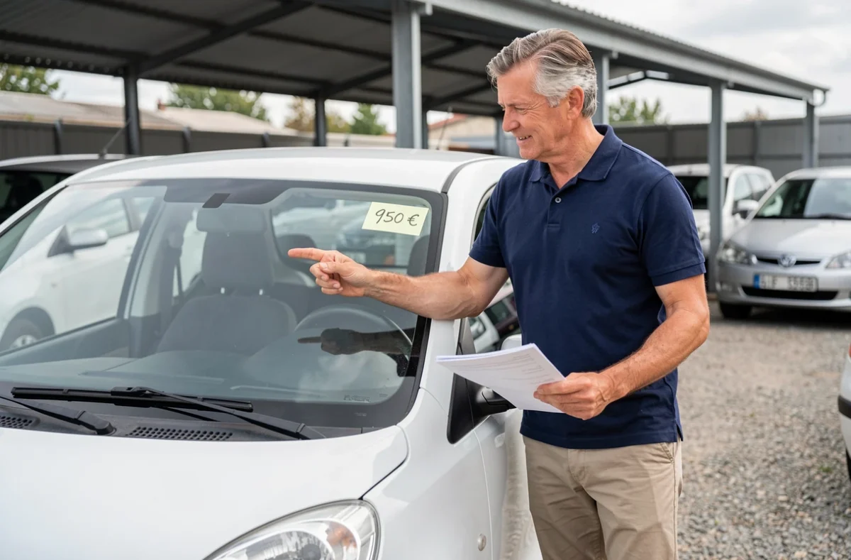 Vendeur de voiture sans permis d'occasion présentant une microvoiture à 950 euros dans un lot de véhicules d'occasion