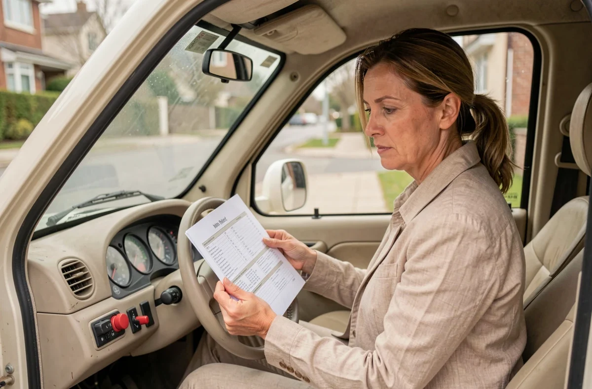 Femme examinant le tableau de bord d'une voiture sans permis avant un achat, avec une liste de vérification en main