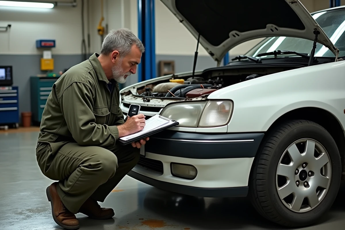 Un mécanicien vérifie l'état mécanique d'une Peugeot 306 Maxi d'occasion dans un atelier, avec outil de diagnostic et fiche de contrôle