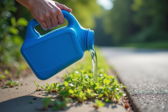 Main versant AdBlue sur des mauvaises herbes en pavé