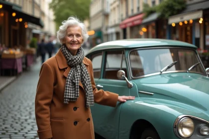 Femme âgée souriante avec Citroën DS vintage à Paris
