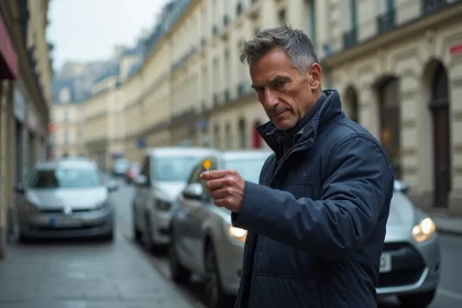 Homme tenant une vignette Crit'Air 2 jaune à côté d'un véhicule diesel dans une rue parisienne