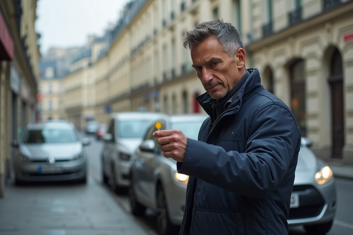 Homme tenant une vignette Crit'Air 2 jaune à côté d'un véhicule diesel dans une rue parisienne