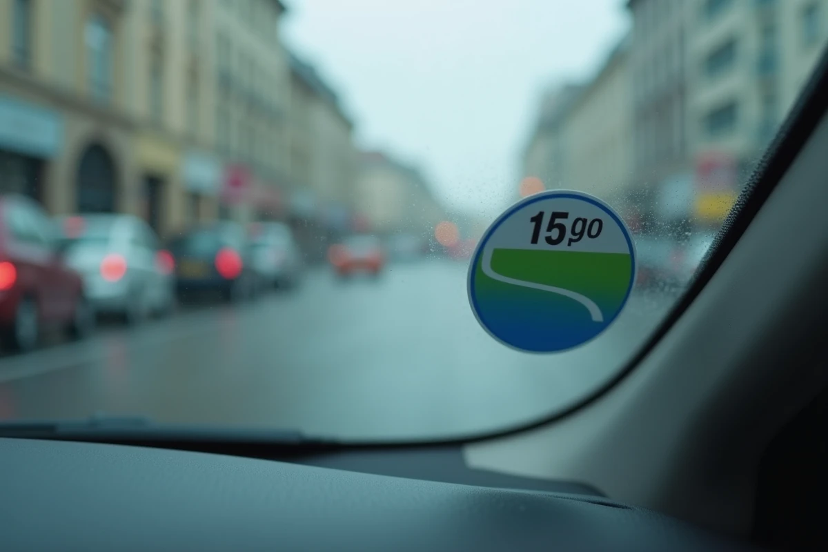 Vignette Crit'Air collée dans le coin inférieur gauche du pare-brise d'une voiture vue de l'intérieur