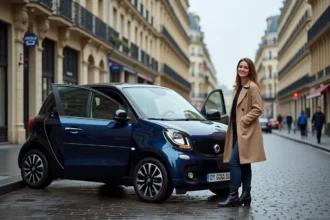 Femme française à côté de la voiture la plus vendue en France en 2026, boulevard parisien