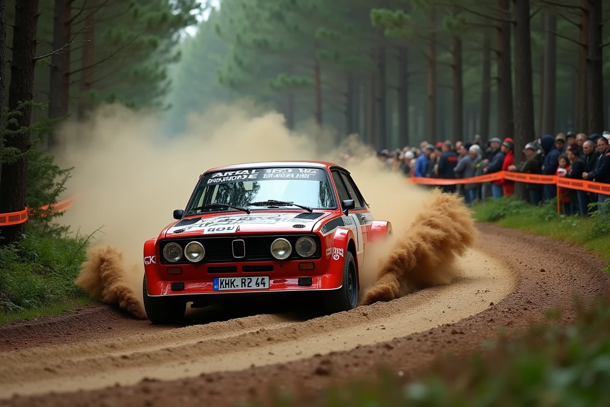 Voiture de rallye du Groupe B en dérapage contrôlé sur une spéciale forestière, projection de terre et spectateurs derrière le ruban de sécurité en arrière-plan