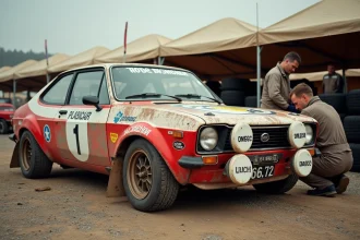 Voiture de rallye historique des années 70 en livrée rouge et blanche dans un paddock de gravier, entourée de mécaniciens en combinaison d'époque